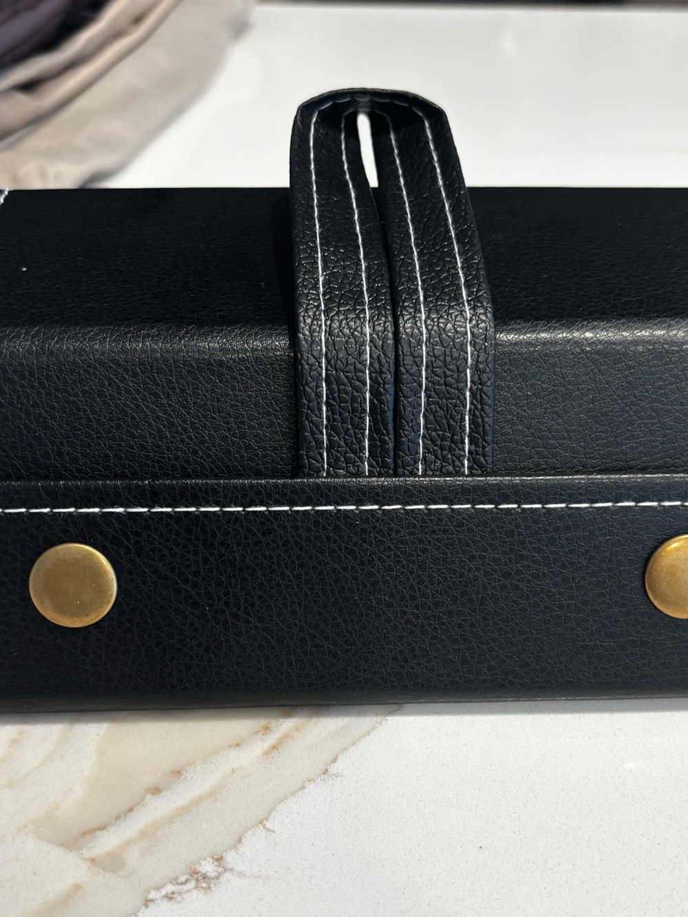 Black Women's Eye Glasses Case with White Stitching and Brass Accents